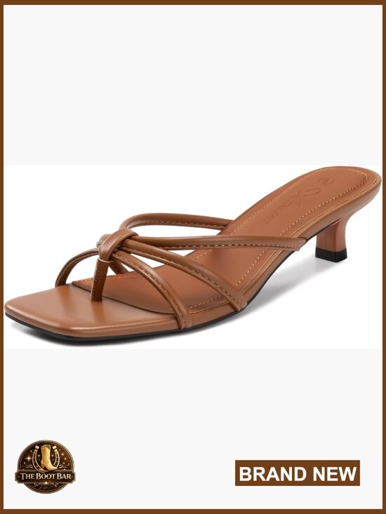 Shoes - Square Toe Strappy Kitten Heeled Sandals Slip On Thong Low Heels
